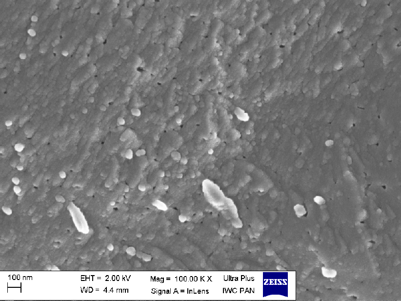A high magnification (100 kX) SEM photo of a nano-crystallised sample with considerably improved electrical conductivity. A high magnification (100 kX) SEM photo of a nano-crystallised sample with considerably improved electrical conductivity.